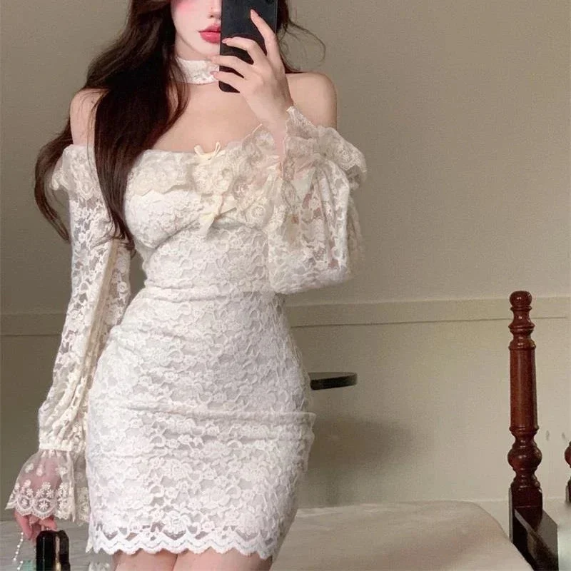 Lunivop Coquette Sexy Mini Cabaret Dress Women Korean Style Fairy Ruffle Slash Neck Long Sleeve Corset Dresses Evening Vestidos