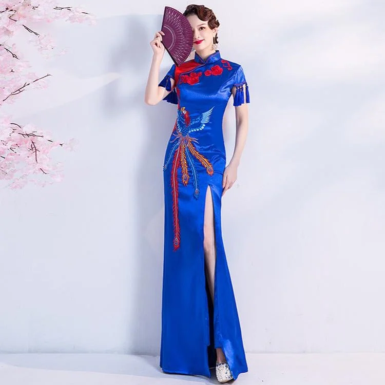 Phoenix Embroidery Cheongsam Top Mermaid Evening Dress with Tassels