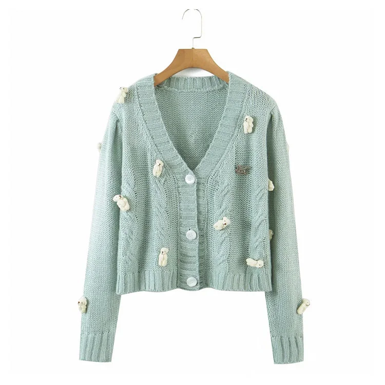 Cartoon little bear knitted cardigan cute loose sweet cardigan jacket  7236