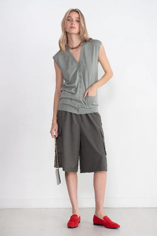 Cashmere Silk Blend Sleeveless Button Down Sweater, Pumice Grey