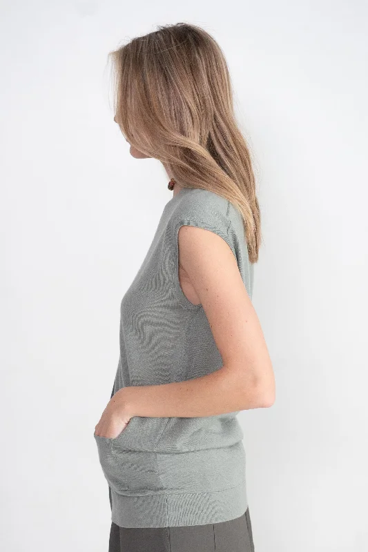 Cashmere Silk Blend Sleeveless Button Down Sweater, Pumice Grey