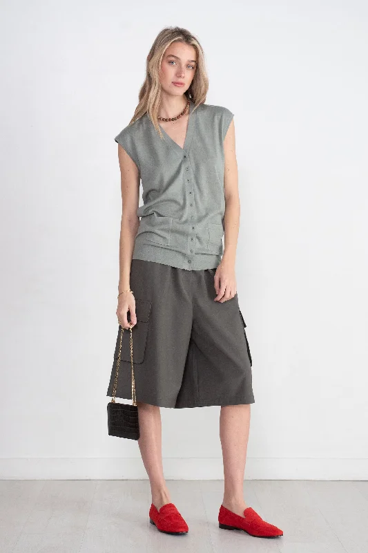 Cashmere Silk Blend Sleeveless Button Down Sweater, Pumice Grey