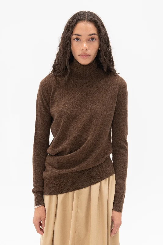 Draped Turtleneck Top in Cashmere, Brown