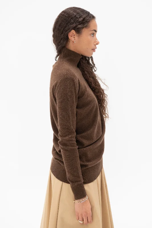 Draped Turtleneck Top in Cashmere, Brown