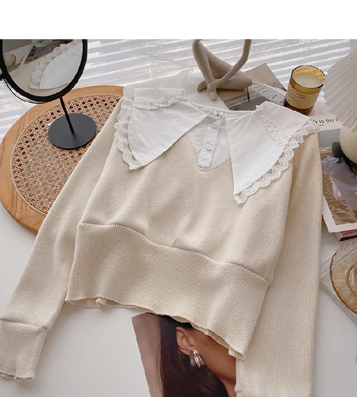 Design sense baby collar stitched sweater short retro top  6696