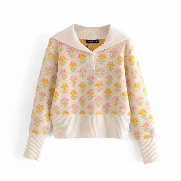 Retro autumn girl sweet temperament two-color flower short sweater sweater  7163