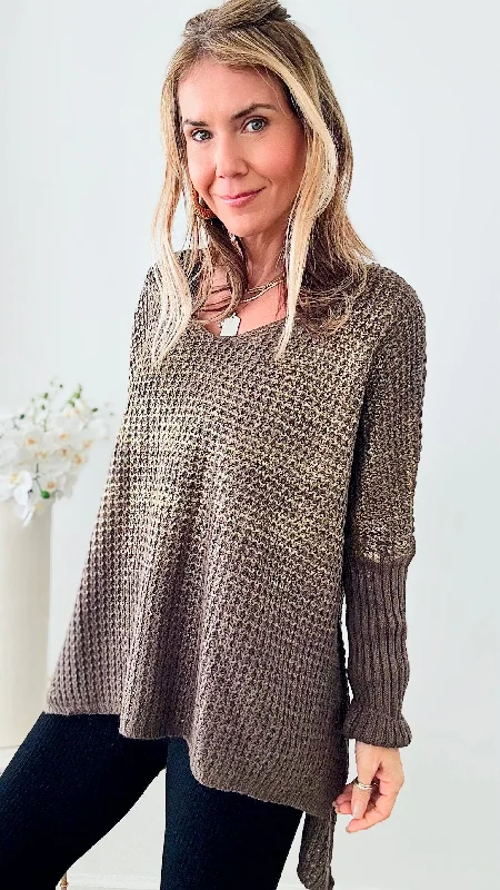 V Neck Gold Foil Sweater - Brown