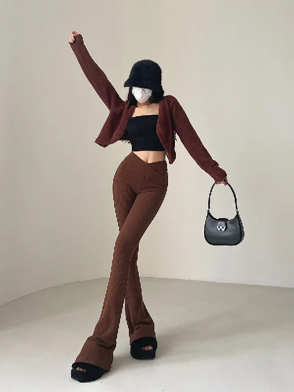 Ashley Solid Color Ribbed V Waist Flare Pants