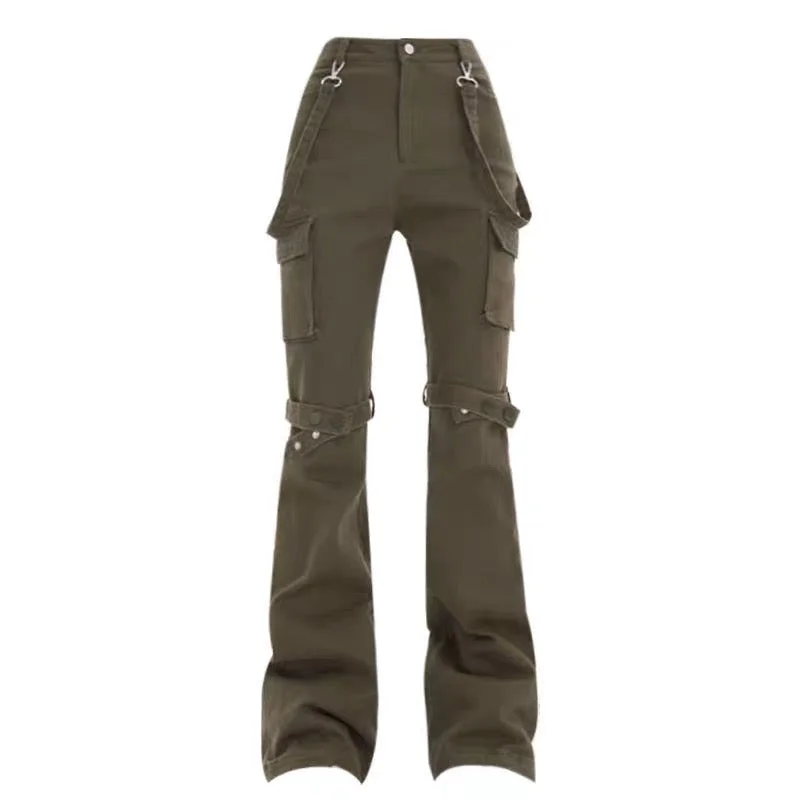 Jaida Solid Color Army Green Cargo Suspender Flare Pants