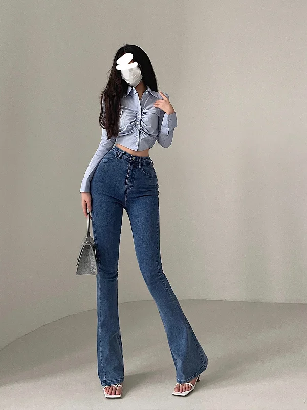 Lory Heart Pocket Long Flare Denim Jeans Pants