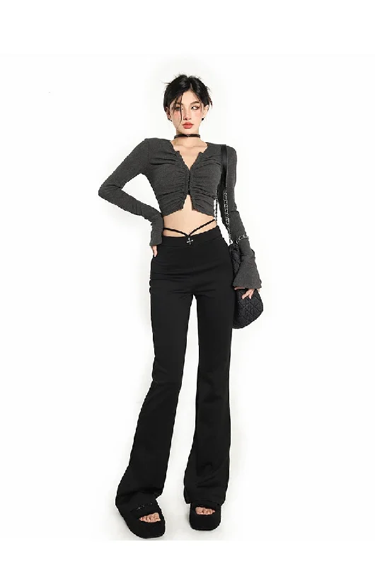 Sia Solid Color Black Flare Lace Up Pants