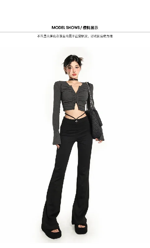 Sia Solid Color Black Flare Lace Up Pants