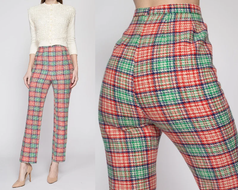 Small 60s Red & Green Plaid Side Zip Trousers 26""