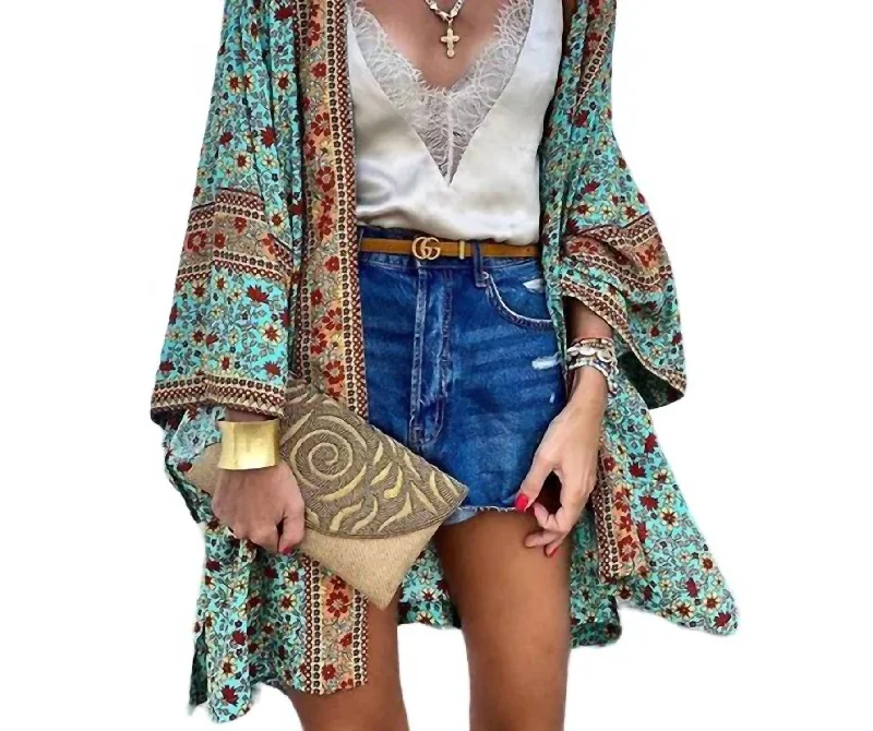 Bohemian Babe Print Kimono In Teal