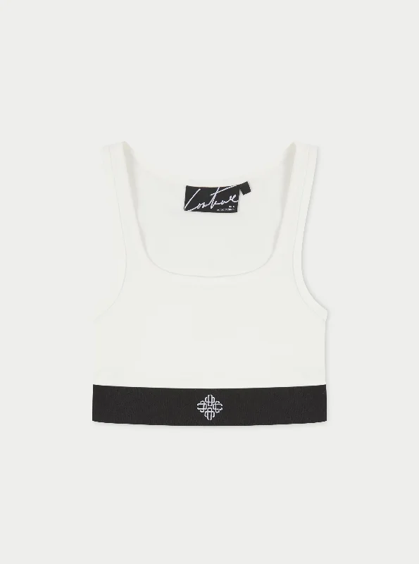 BRANDED ELASTIC RACER CROP TOP - OFF WHITE