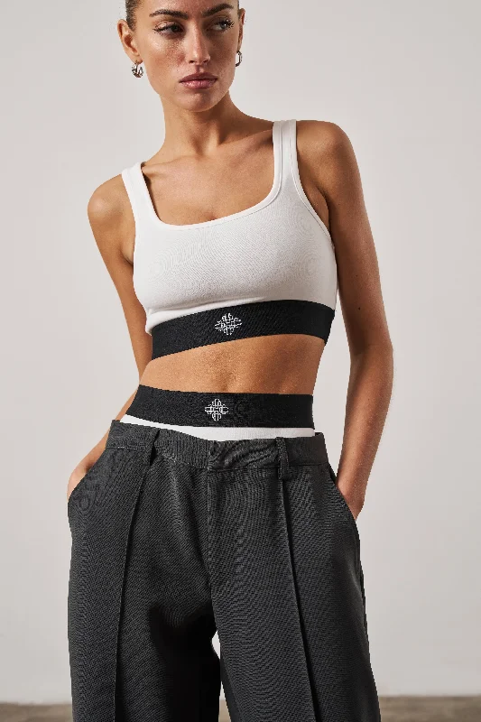 BRANDED ELASTIC RACER CROP TOP - OFF WHITE