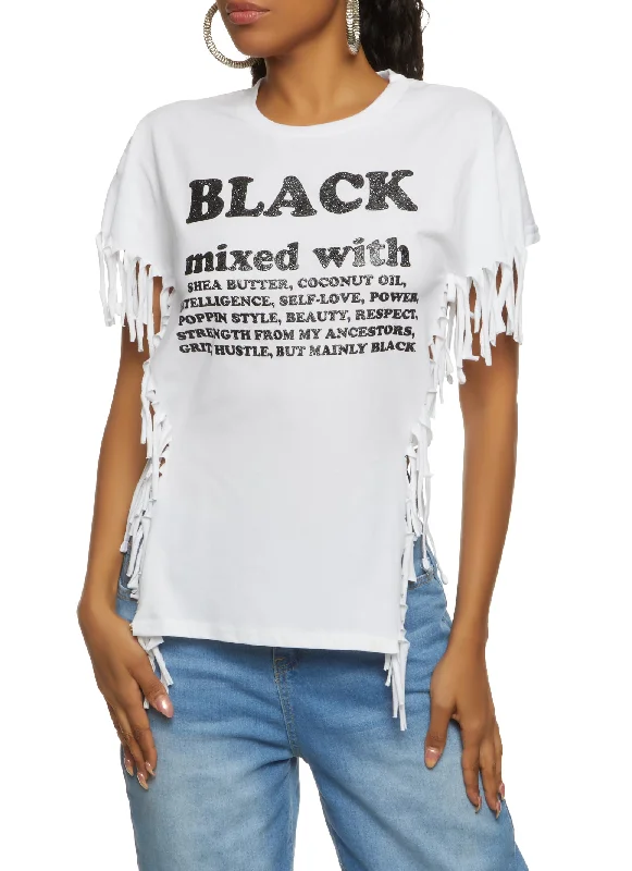 Black Mixed With Graphic Fringe Side Tie Tee