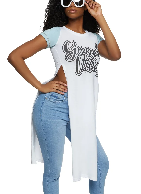 Distressed Denim Sleeve Good Vibes Graphic Maxi Tee