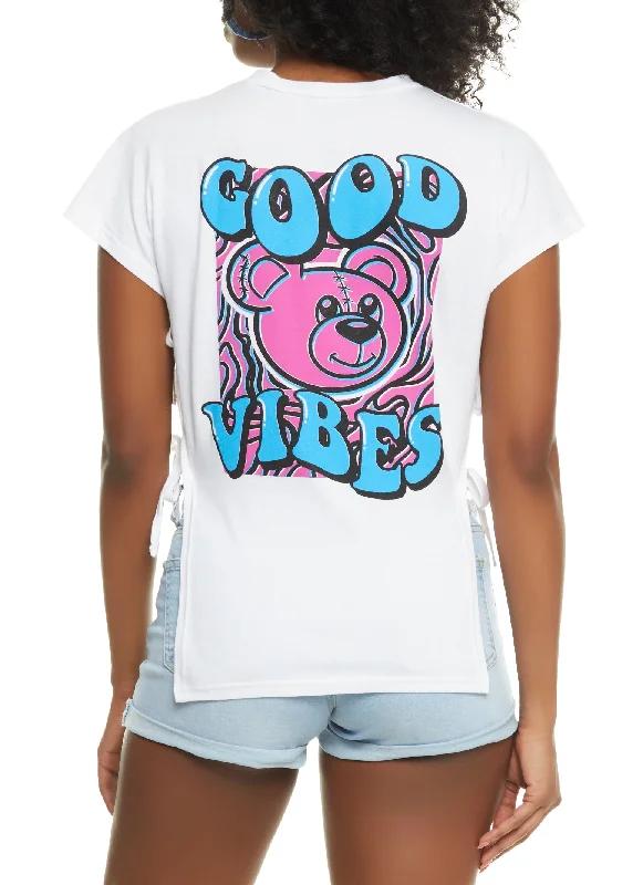 Good Vibes Bear Graphic Side Tie Top