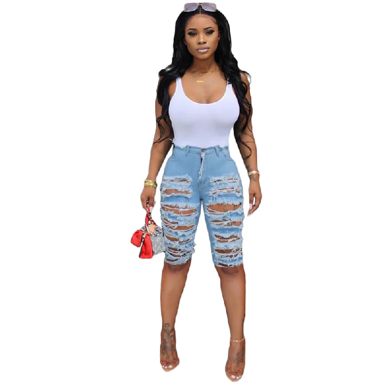 distressed skinny short pants ripped cut up stacked blue denim jean biker shorts women 2022