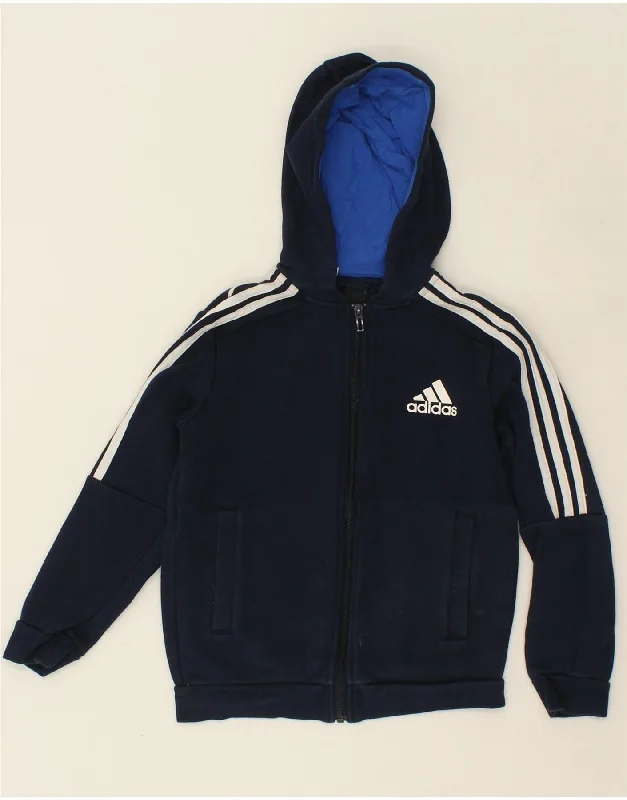 ADIDAS Boys Zip Hoodie Sweater 9-10 Years Navy Blue Cotton