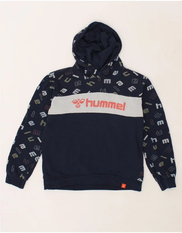 HUMMEL Boys Graphic Hoodie Jumper 11-12 Years Navy Blue Colourblock Cotton