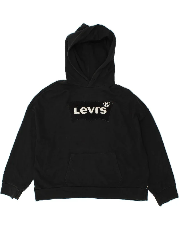 LEVI'S Womens Oversized Graphic Hoodie Jumper UK 16 Large Black Cotton