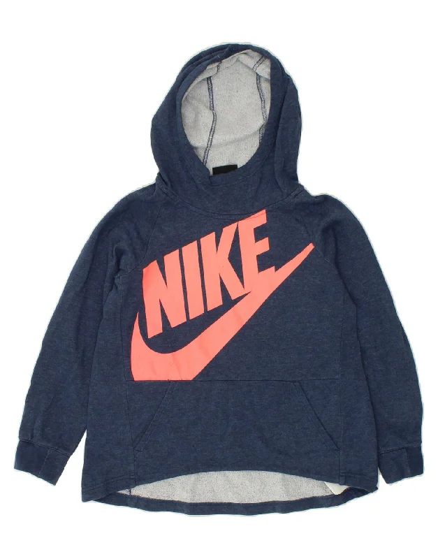 NIKE Girls Graphic Hoodie Jumper 10-11 Years Medium Navy Blue Cotton