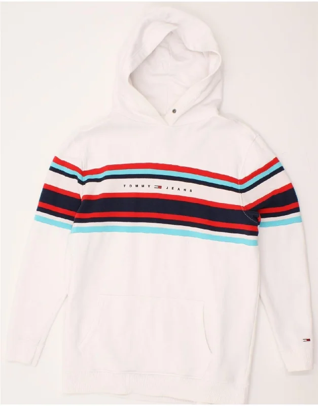 TOMMY HILFIGER Mens Hoodie Jumper Large White Striped Cotton