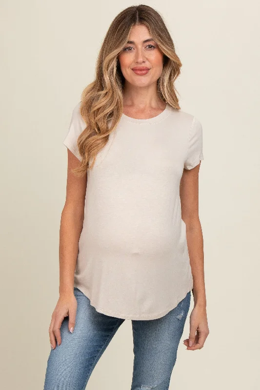 Beige Basic Short Sleeve Maternity Top