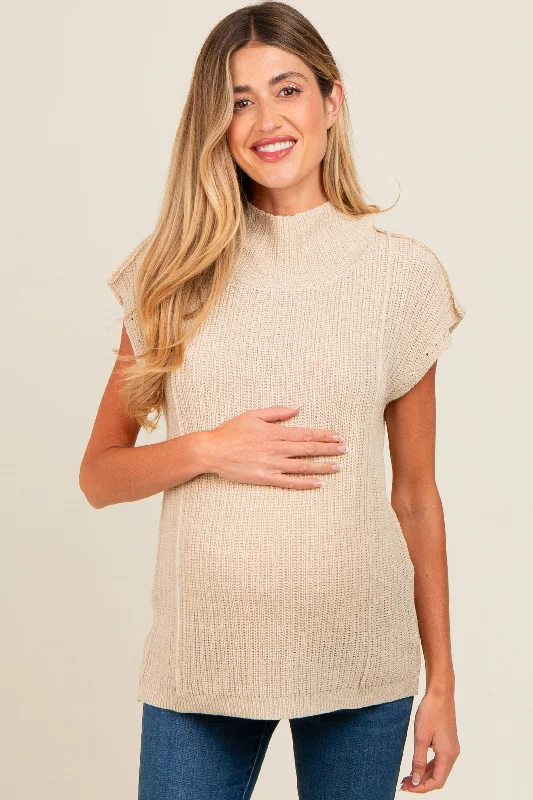 Beige Knit Maternity Tunic Sweater Top