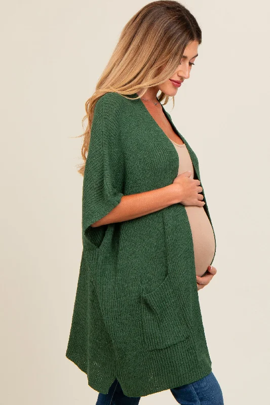 Forest Green Drop Shoulder Side Pocket 3/4 Sleeve Maternity Cardigan