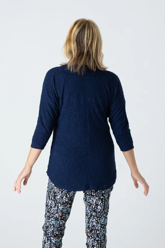 Navy Feature Stitched Poly/Rayon Knit 3/4 Sleeve Top